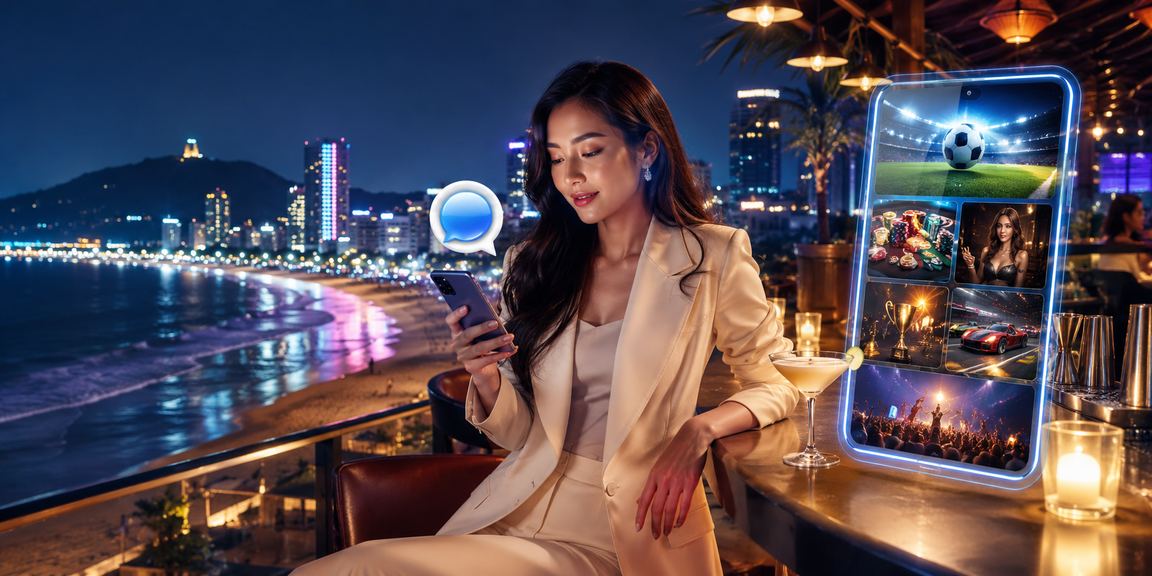 Người dùng tại bãi biển Vũng Tàu trải nghiệm casino di động trên điện thoại